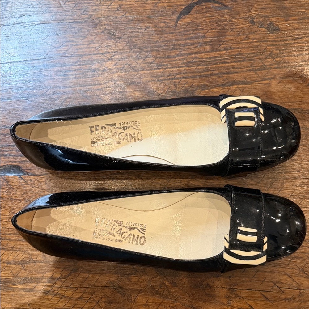 Salvatore Ferragamo Black and Cream Patent Flats